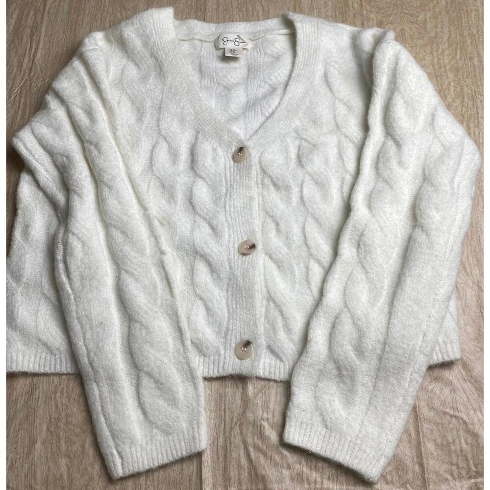 Jessica Simpson Cable Cropped Cardigan Ivory Cream Sz Medium M Hygge Style Cozy